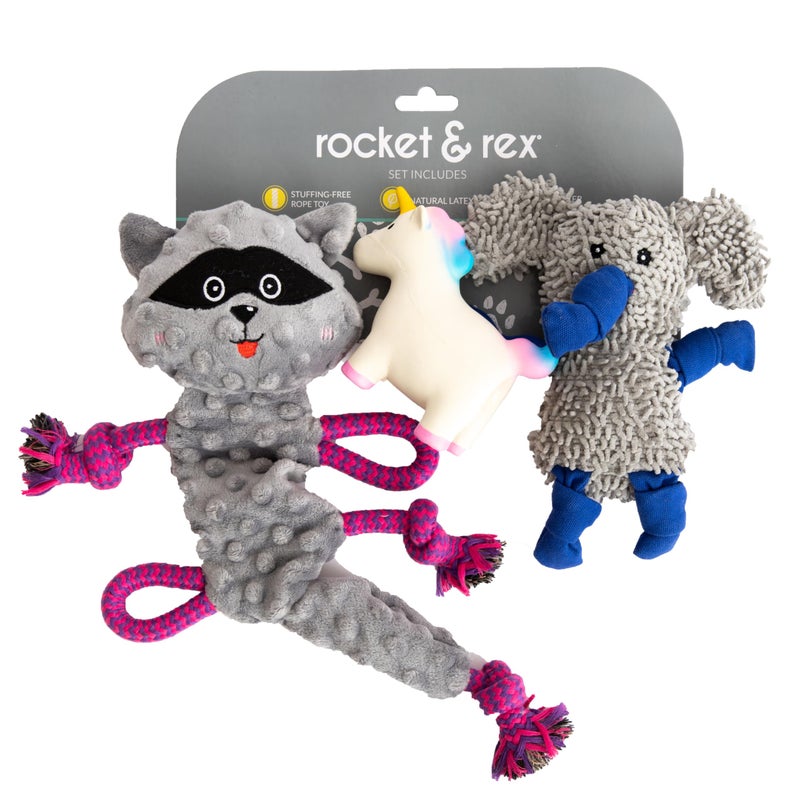 rocket & rex Dog Chew Toy Set for Small to Medium Breeds, Includes a Stuffing Free Rope, Rubber Squeaker and Plush Toy, Reduces Destructive Chewing & Anxiety (Pack of 3) - Image 1